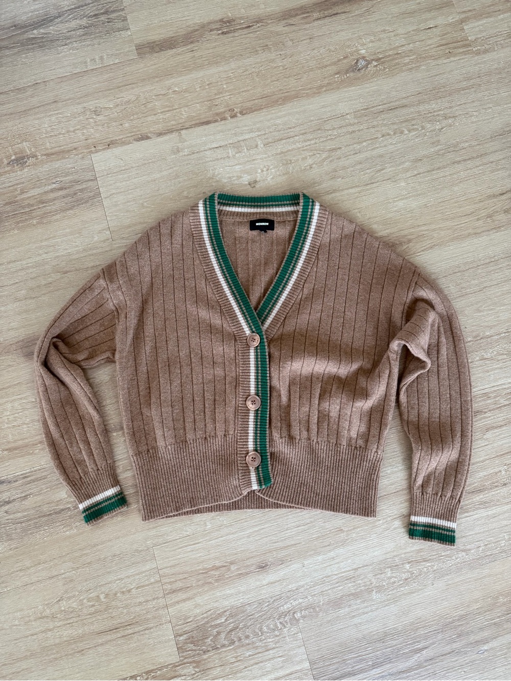 Monrow Cashmere & Wool Taupe Ribbed Cardigan with Green and White Trim
